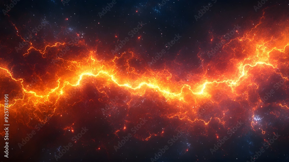 Cosmic Lightning: Fiery Energy Burst in a Starry Sky Background Cosmic Lightning: Fiery Energy Burst in a Starry Sky Background