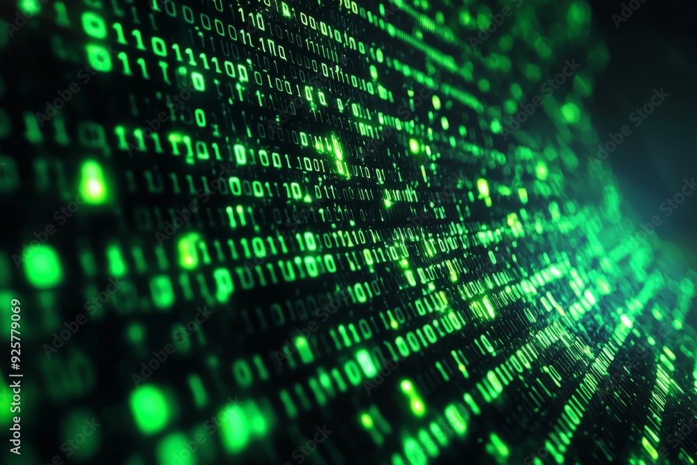 Green Dark Binary Code with Data Streaming Background created with Generative AI Green Dark Binary Code with Data Streaming Background created with Generative AI