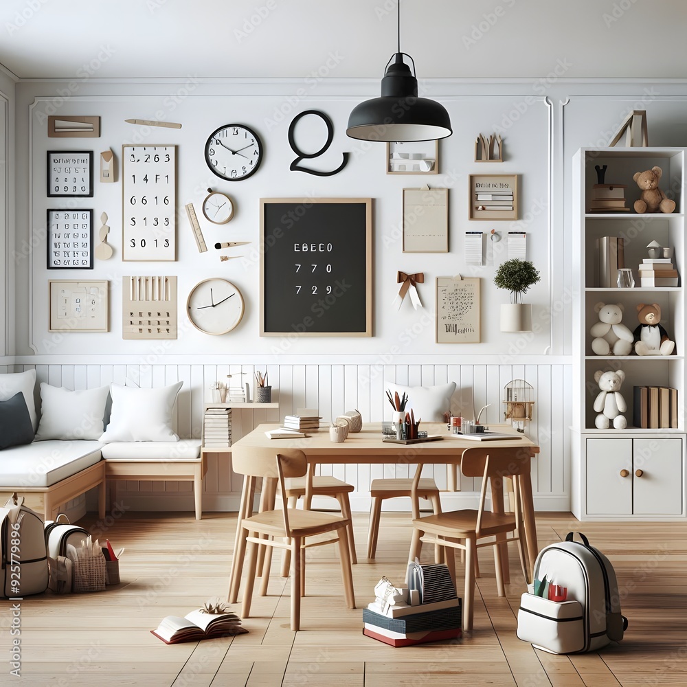 Obraz premium Bright and airy children's playroom with wooden furniture and chalkboard wall