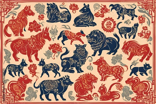 Wallpaper Mural A pattern of Chinese zodiac animals, each depicted in a traditional art style. Torontodigital.ca