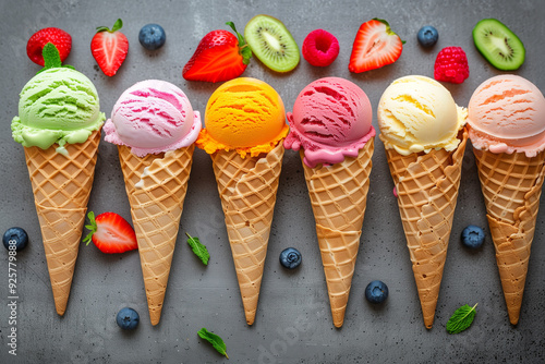  Assorted fruity flavored ice cream cones - colorful frozen desserts in waffle cones photo