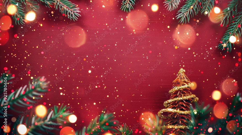 Festive Christmas Background with Fir Branches and Twinkling Lights, Vibrant Red Canvas with Sparkling Bokeh background with Copy Space Festive Christmas Background with Fir Branches and Twinkling Lights, Vibrant Red Canvas with Sparkling Bokeh background with Copy Space