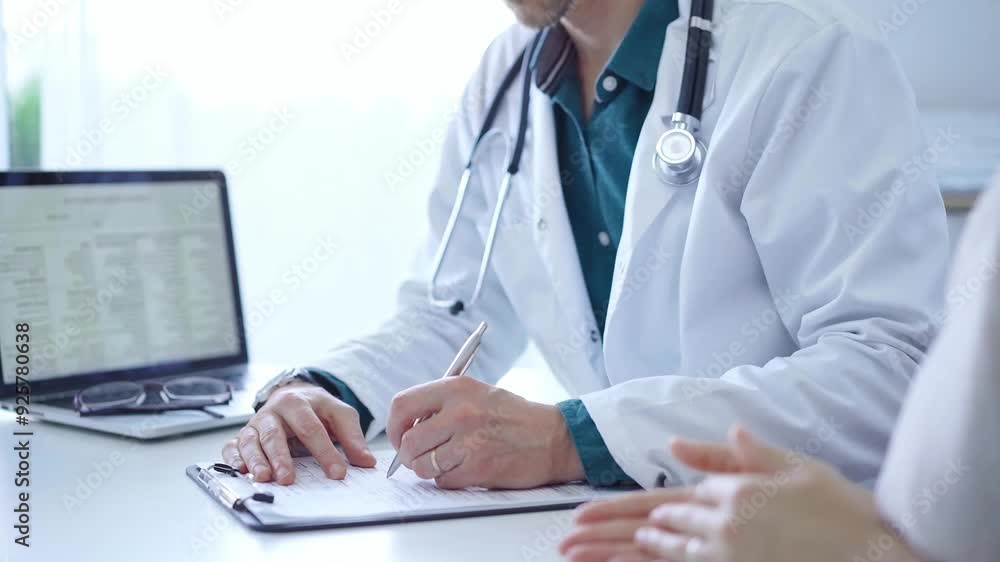 Doctor and a patient. The physician, wearing a white medical coat over a green shirt, is filling out a medical record form during a consultation in the clinic. Medical service Doctor and a patient. The physician, wearing a white medical coat over a green shirt, is filling out a medical record form during a consultation in the clinic. Medical service