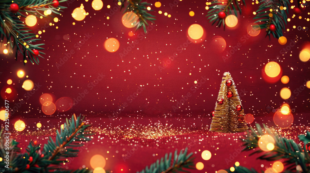 Festive Christmas Background with Fir Branches and Twinkling Lights, Vibrant Red Canvas with Sparkling Bokeh background with Copy Space Festive Christmas Background with Fir Branches and Twinkling Lights, Vibrant Red Canvas with Sparkling Bokeh background with Copy Space