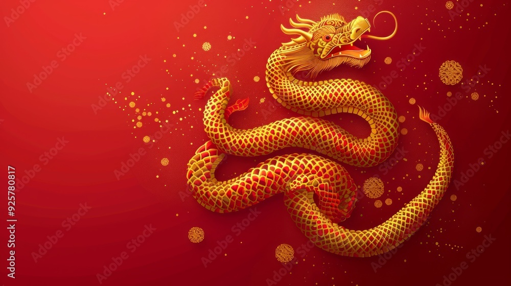 Fototapeta premium Happy Chinese New Year 2025. Chinese snake gold zodiac sign on red background for card design. China lunar calendar animal. Translation : happy new year 2025, year of the snake. Vector EPS10