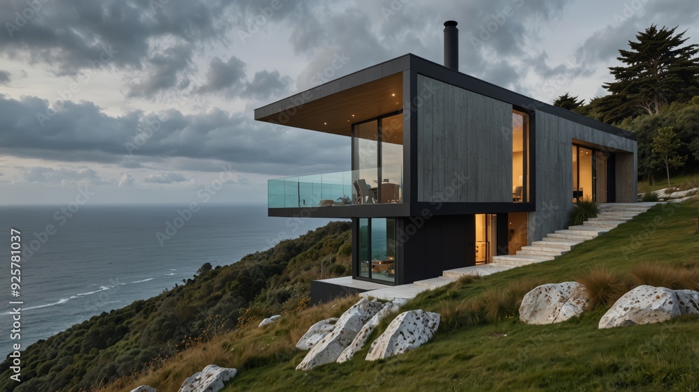 Fototapeta premium modern cantilevered home built on a steep mountainside with stunning sea views