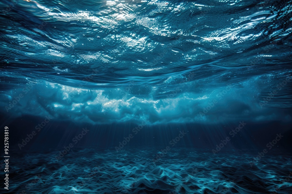Obraz premium Dark Blue Ocean Surface with Sunlight Filtering Through Water Underwater Tranquility and Gentle Waves and aquatic life