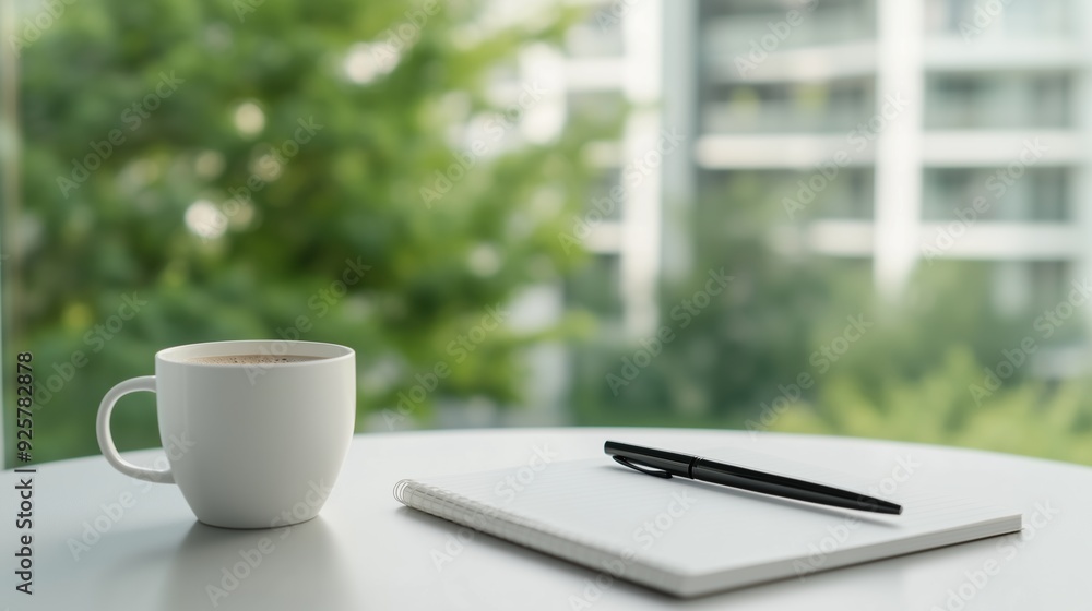 Tranquil setting featuring an open notebook and a coffee mug, perfect for creative thinking and relaxation. Tranquil setting featuring an open notebook and a coffee mug, perfect for creative thinking and relaxation.