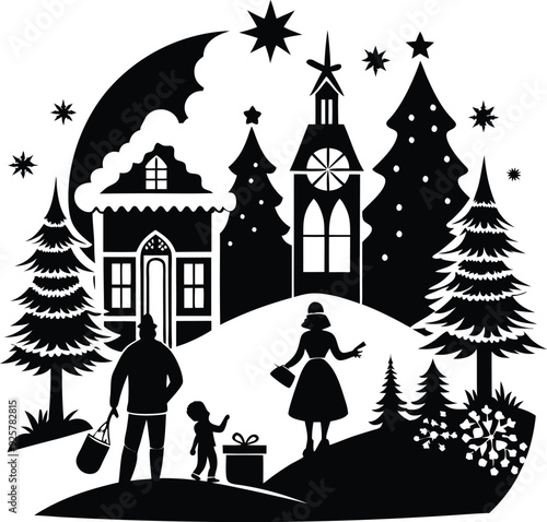 Christmas Night Silhouette with Tree, Gifts, and Figures