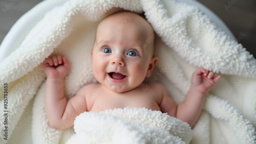 Newborn baby wrapped in a fluffy towel, looking up with wide, curious eyes after a bath Newborn baby wrapped in a fluffy towel, looking up with wide, curious eyes after a bath