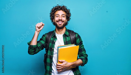 Wallpaper Mural Young Male Student Holding Books and Backpack Against Blue Background Torontodigital.ca