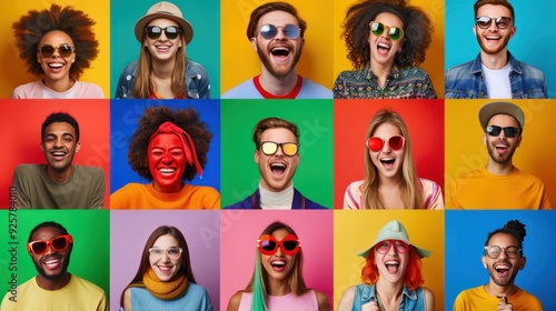 Photo collage of cheerful excited glad optimistic crowd of different human