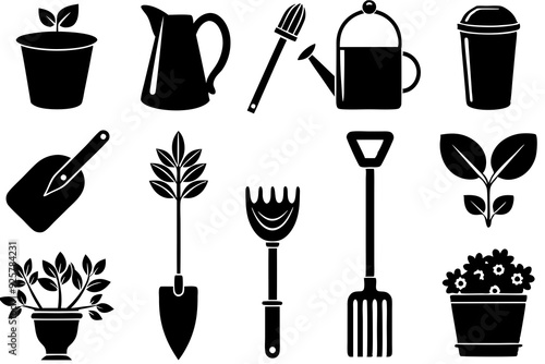 Gardening Tools Icon Set - Spade, Trowel, Watering Can, Plant Pot, Garden Fork, Seed Packet, Pruning Shears Silhouette Vector Illustration