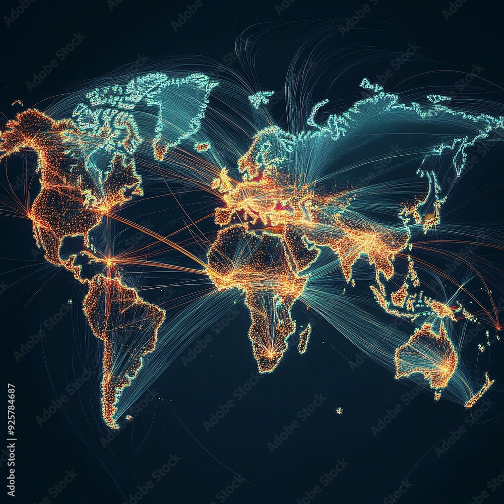 Naklejka premium A real-time e-commerce map with data points popping up across the globe, showcasing the dynamic flow of transactions.