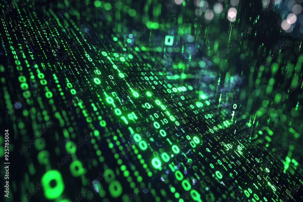 Green Dark Binary Code with Data Streaming Background created with Generative AI Green Dark Binary Code with Data Streaming Background created with Generative AI