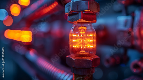 Glowing vacuum tube illuminated in orange light within electronic equipment. Concept of vintage technology, audio equipment, and electronic components. photo