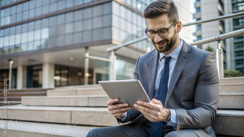 A professional businessman in a suit is smiling and working at a tablet in an office, surrounded by technology and business tools A professional businessman in a suit is smiling and working at a tablet in an office, surrounded by technology and business tools