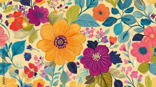 Wallpaper Mural Whimsical Florals: Playful and Cheerful Bright Floral Pattern with Vibrant Colors Torontodigital.ca