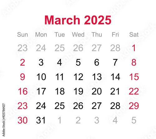 Monthly calendar of March 2025 on transparent background