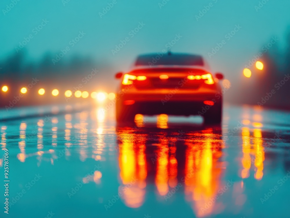 A car on a rainy road with vivid reflections and glowing lights, creating a moody and atmospheric scene. A car on a rainy road with vivid reflections and glowing lights, creating a moody and atmospheric scene.