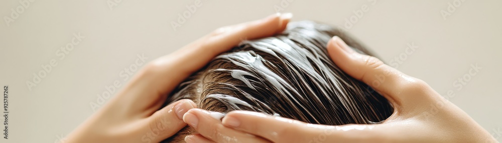 Naklejka premium A close-up of hands applying treatment to wet hair, showcasing a relaxing and nourishing hair care routine.
