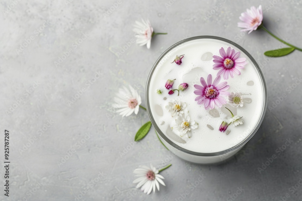 Ice water infused with milk and blossoms, a soothing mix adorned with drifting petals, ideal for a revitalizing summer beverage idea. Ice water infused with milk and blossoms, a soothing mix adorned with drifting petals, ideal for a revitalizing summer beverage idea.