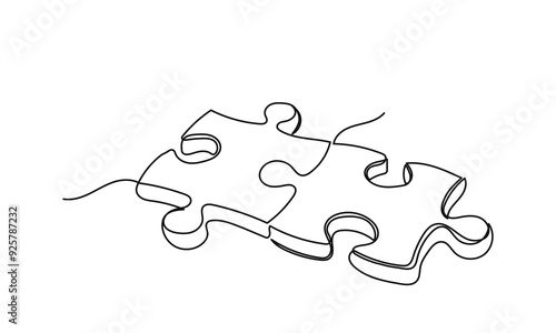 Continuous line drawing connected puzzle pieces. Single line art Solution Jigsaw puzzle element. Problem and Solution concept
