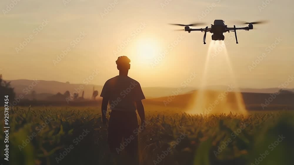 High-tech drone spraying crops in the early morning light, a modern farm scene High-tech drone spraying crops in the early morning light, a modern farm scene