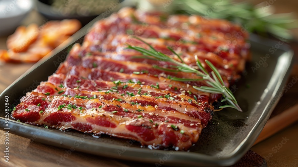 a plate of thin cut hickory bacon on a plate a plate of thin cut hickory bacon on a plate