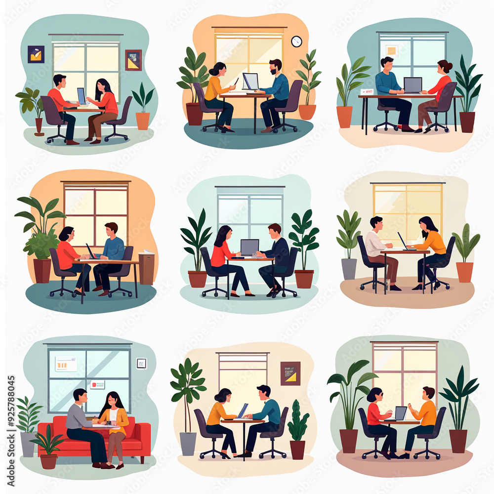 Fototapeta premium Illustration of Various Office Meetings with Plants and Laptops