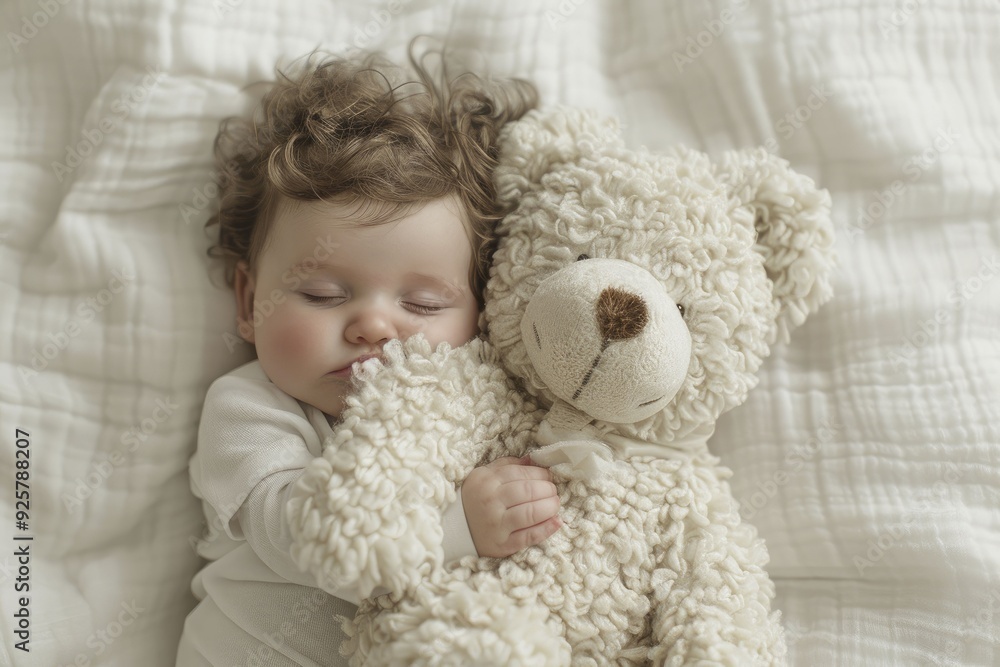 Tiny baby cuddling a big teddy bear, highlighting warmth and comfort, perfect for parenting content, baby product advertisements, and heartwarming illustrations Tiny baby cuddling a big teddy bear, highlighting warmth and comfort, perfect for parenting content, baby product advertisements, and heartwarming illustrations