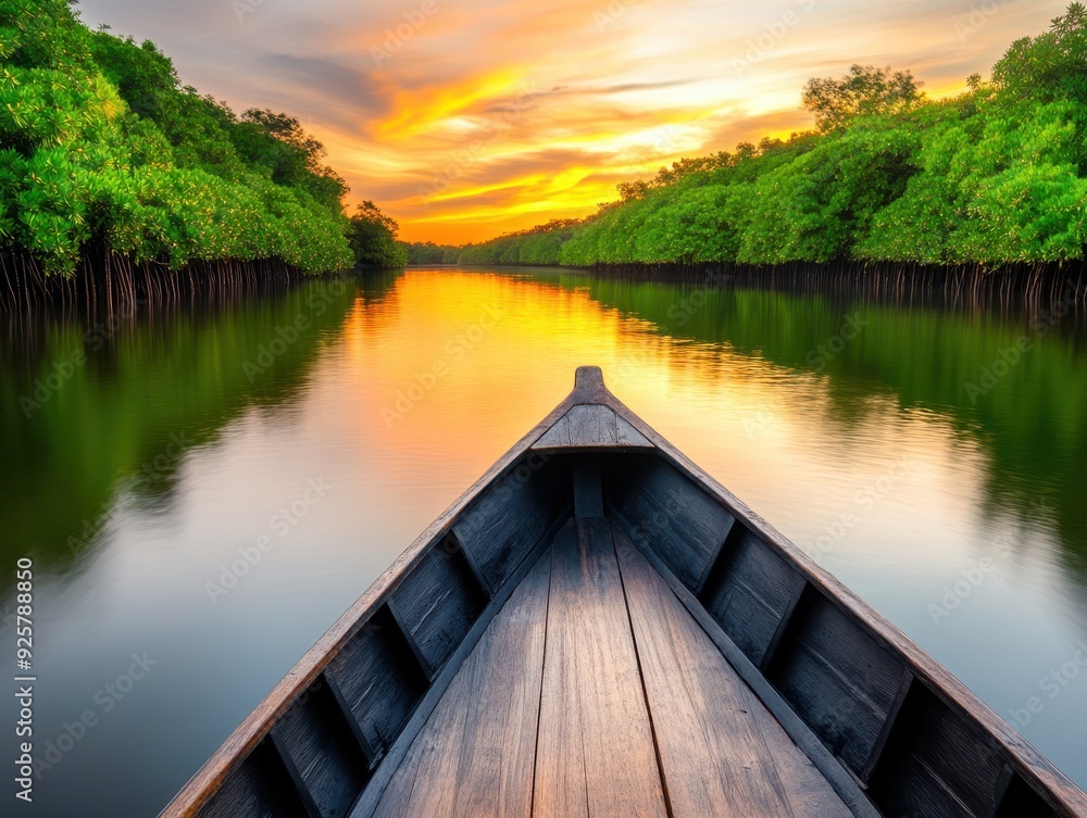 Fototapeta premium A serene sunset view from the bow of a boat gliding through tranquil waters surrounded by lush greenery.