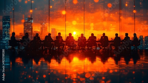 Business leaders in a collaborative roundtable meeting, abstract network graphics blurred in the background, highlighting strategic teamwork. photo