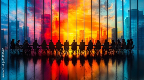 Corporate roundtable meeting with a network-inspired abstract background, blurred for focus on teamwork and collaboration. photo