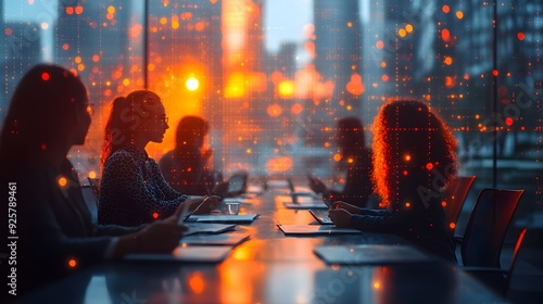 Business team engaging in a roundtable discussion, with a subtle abstract network background, blurred to emphasize collaboration. photo