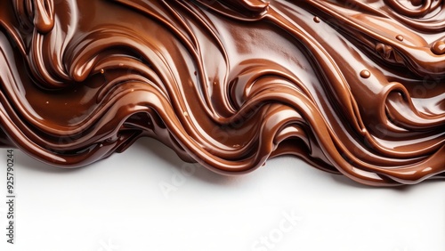 Melted dark chocolate creating a luxurious and decadent texture on a white background, liquid, smooth, dark chocolate