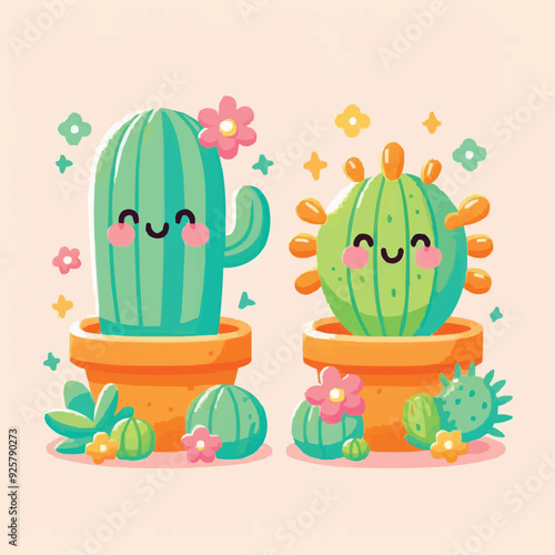 Seamless pattern with cactuses and pink flowers. Cute vector flat background