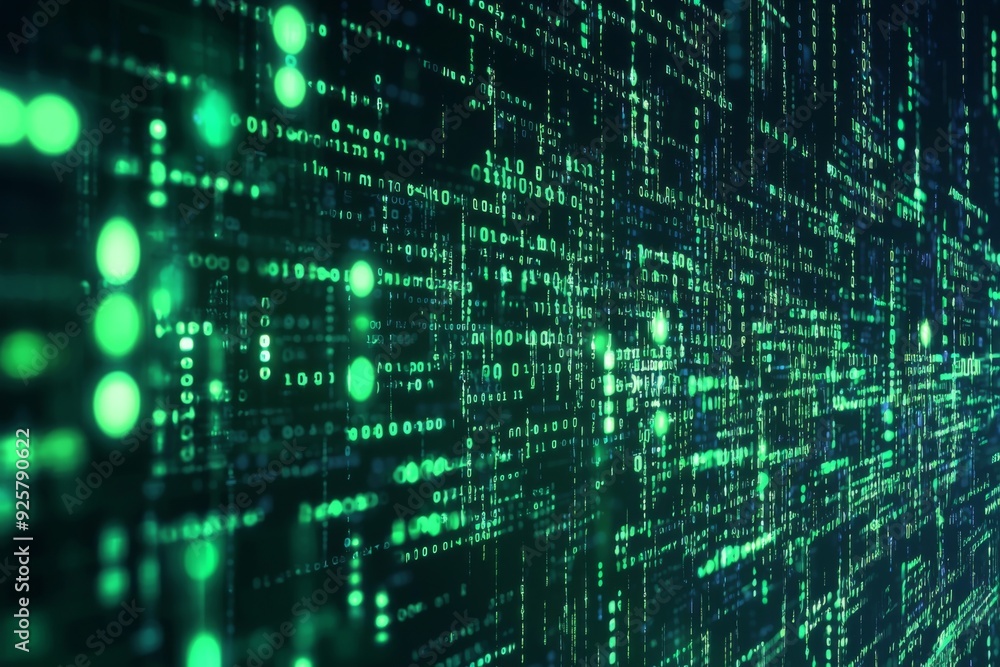 Green Dark Binary Code with Data Streaming Background created with Generative AI Green Dark Binary Code with Data Streaming Background created with Generative AI