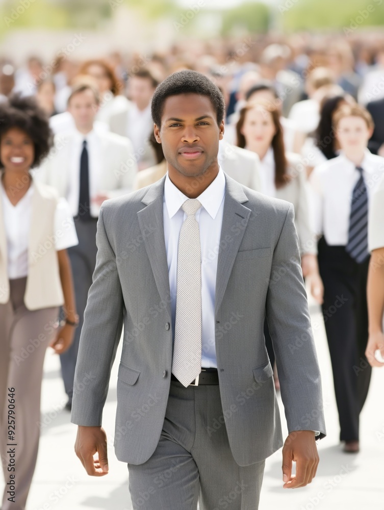 Confident Businessman Leading a Group of Professionals Outdoors Confident Businessman Leading a Group of Professionals Outdoors