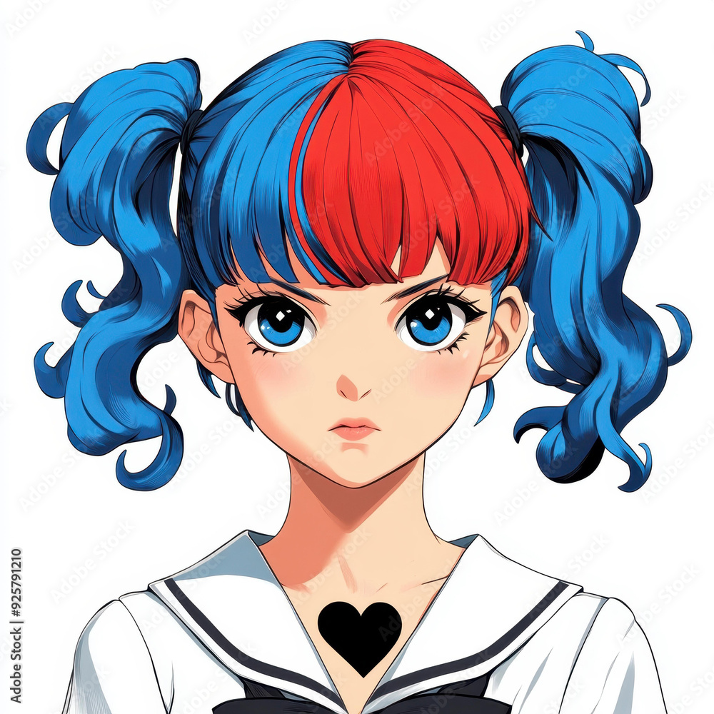 A Japanese high school student with striking blue and red pigtails, adorned with a heart tattoo, in full uniform. A Japanese high school student with striking blue and red pigtails, adorned with a heart tattoo, in full uniform.