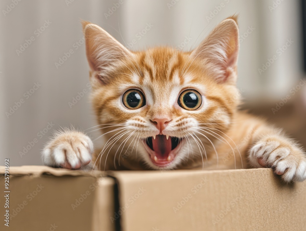 Playful ginger cat peeks out of a cardboard box, expressing curiosity and joy with wide eyes and an adorable meow. Playful ginger cat peeks out of a cardboard box, expressing curiosity and joy with wide eyes and an adorable meow.