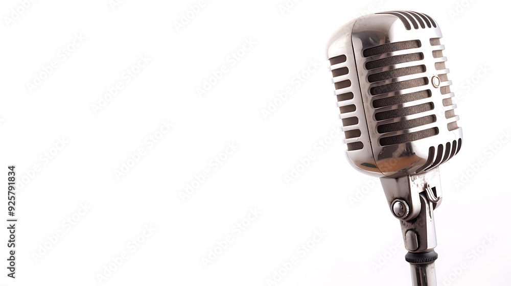 Fototapeta premium A vintage microphone with a stand and mesh grille, isolated on a white background.