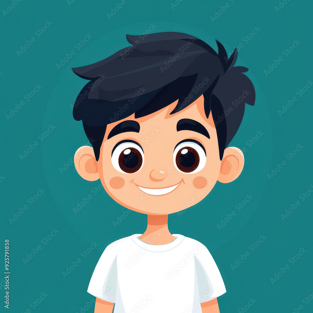 A cheerful yearold boy in a white tshirt, illustrated in a flat childrens book style against a solid color background. A cheerful yearold boy in a white tshirt, illustrated in a flat childrens book style against a solid color background.