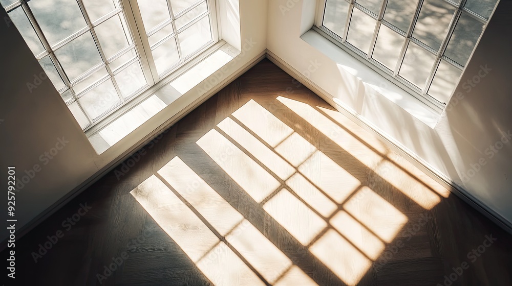Top view of a sunlit window with soft shadows, empty space around for captions or text Top view of a sunlit window with soft shadows, empty space around for captions or text