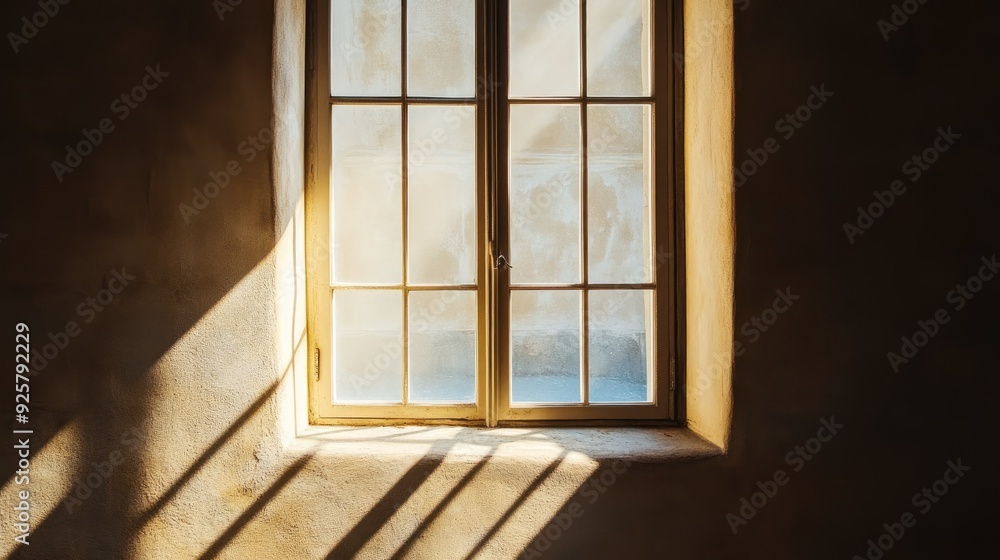Fototapeta premium Top view of a sunlit window with soft shadows, empty space around for captions or text