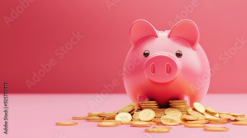 Pink piggy bank filled with gold coins, isolated on a single-color background, indicating financial growth, with room for text.