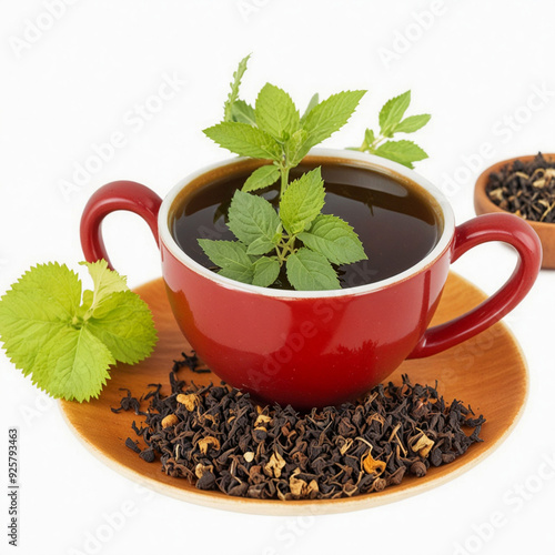 Ayurvedic medicin called kadha with lot of herbs to prevent cold, cough, isolated on white background photo