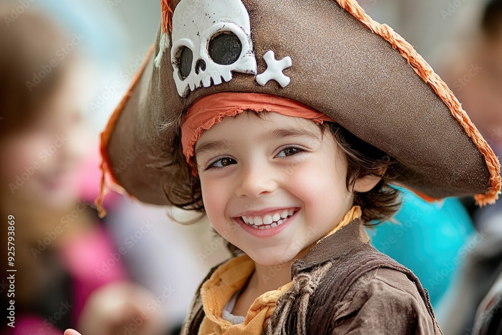 A child dressed as a pirate, showing off their costume at a school Halloween party, celebrating Halloween, youthful excitement A child dressed as a pirate, showing off their costume at a school Halloween party, celebrating Halloween, youthful excitement