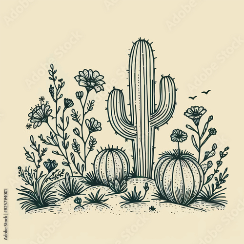 Seamless pattern with cactuses and pink flowers. Cute vector flat background