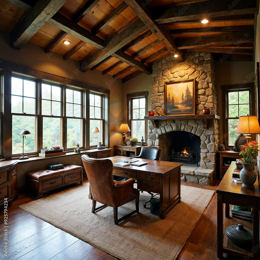 Naklejka premium Cozy rustic home office with wooden beams and stone fireplace